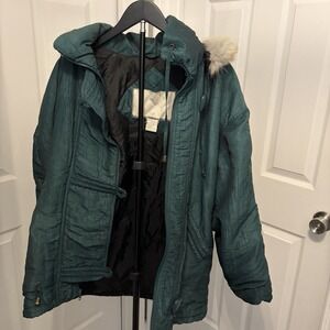Vtg Izzi 80s Teal Iridescent Puffer Jacket Fox Fur Granny Retro‎ Y2K Toggle Miss